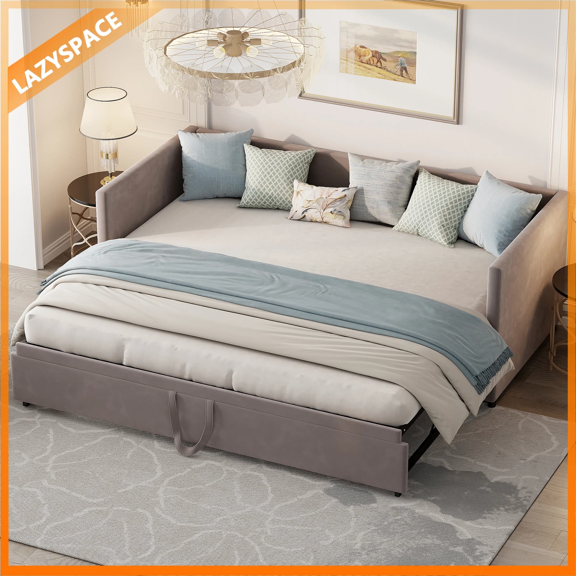 Comanlai Extendable Sofa Bed with Slatted Frames, 90x200cm Sofa Retractable Folding To 180x200cm Bed, Velvet Fabric, Gray/Beige
