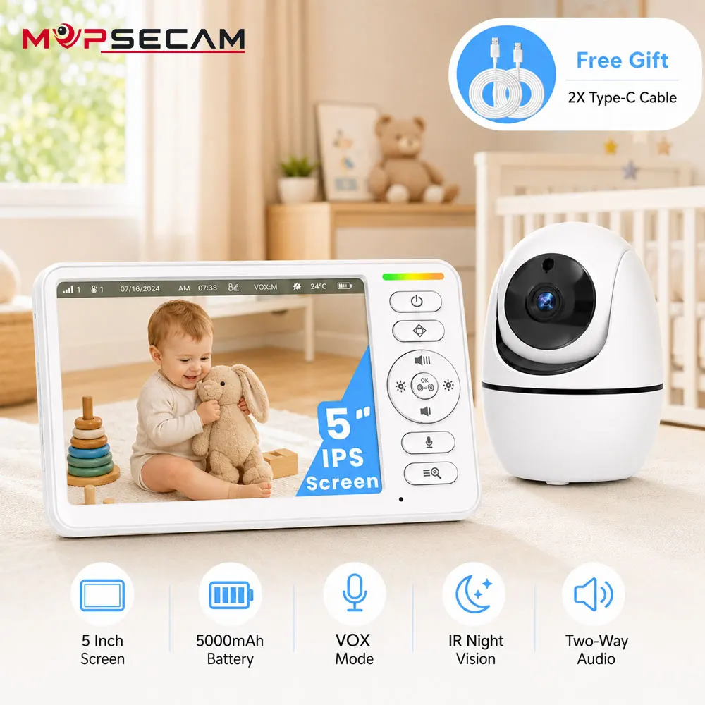 5 Inch IPS Screen Video Baby Monitor with Camera 5000mAh Rechargeable Parent Unit VOX Sound Activation Infrared Night Vision Two Way Audio Wireless Infant Monitoring System for Nursery Bedroom Travel Daily Baby Care and Family Safety with 2X Type C Cables