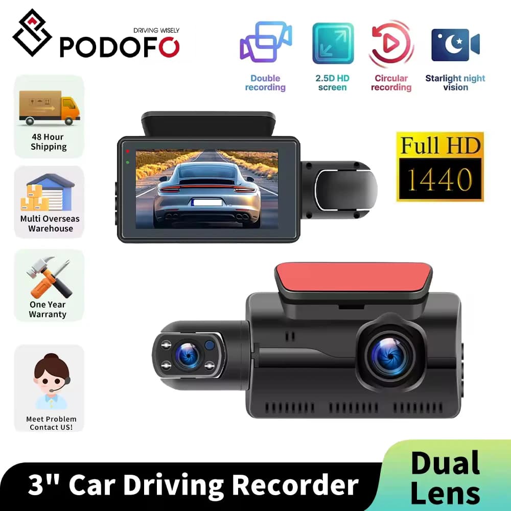 Podofo 3" Motion Detection Car Driving Recorder Parking Reversing Night Vision Dash Cam With Front & Interior Dual Lens Camera
