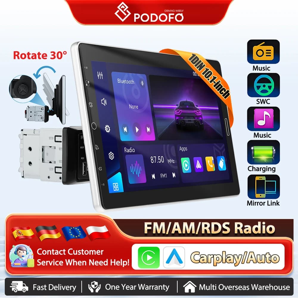Podofo 10.1" Car Stereo Rotatable Screen Single Din Car Radio upport Wireless Carplay Android Auto FM/AM/RDS radio