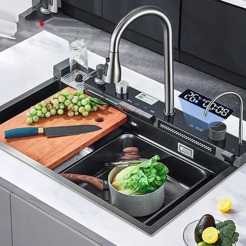 304 Stainless Steel Waterfall Kitchen Sink Large Single Slot Integrated Digital Display Faucet Set Soap Dispenser Cup Washer