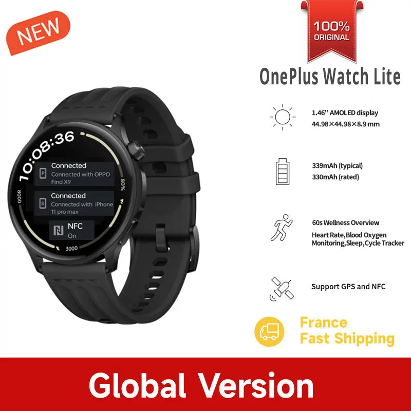 World Premiere OnePlus Watch Lite Smart Watch Global Version Up to 10 Days of Battery Life Dual Band GPS 1.46'' AMOLED Display