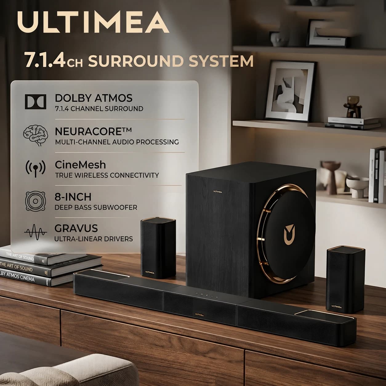 ULTIMEA Skywave X60 840W 7.1.4ch Soundbar for TV with Dolby Atmos, Surround Sound System with 8'' Wireless Subwoofer&2 Speakers