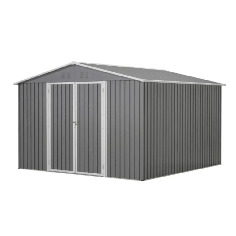 10'x10' Metal Storage Shed with Floor Frame, Heavy Duty Steel Garden Shed, Lockable Doors & Weather Resistant for Backyard Patio Lawn – Grey