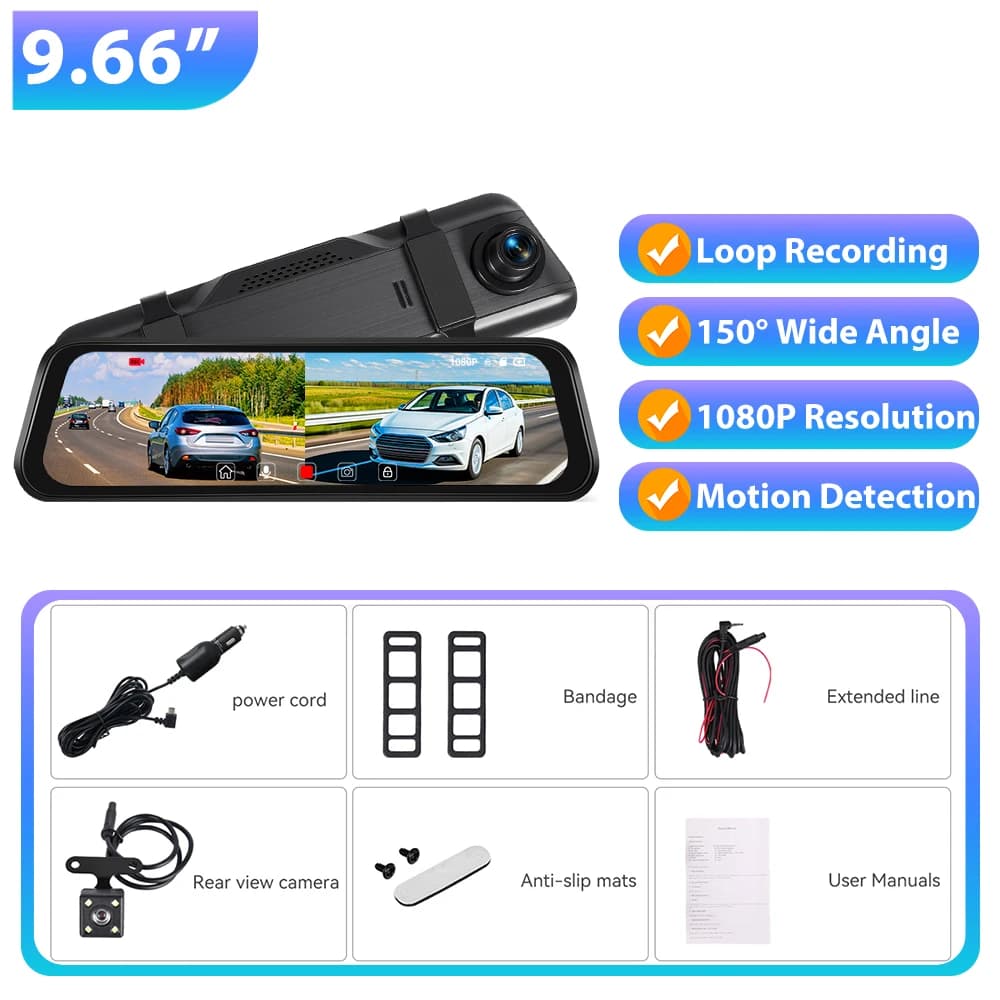 Podofo 9.66'' Dash Cam 1080P Dual-lens Car DVR Multi-language Car Video Recorder with 480P Rear Pull 150° Wide Viewing Angle