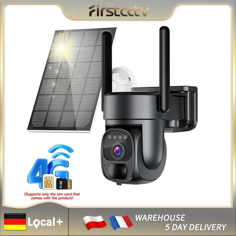 FIRSTCCTV 4G/WiFi Security Camera 3MP 4KHD Solar Powered Battery Outdoor Surveillance PIR Human Detection Audio