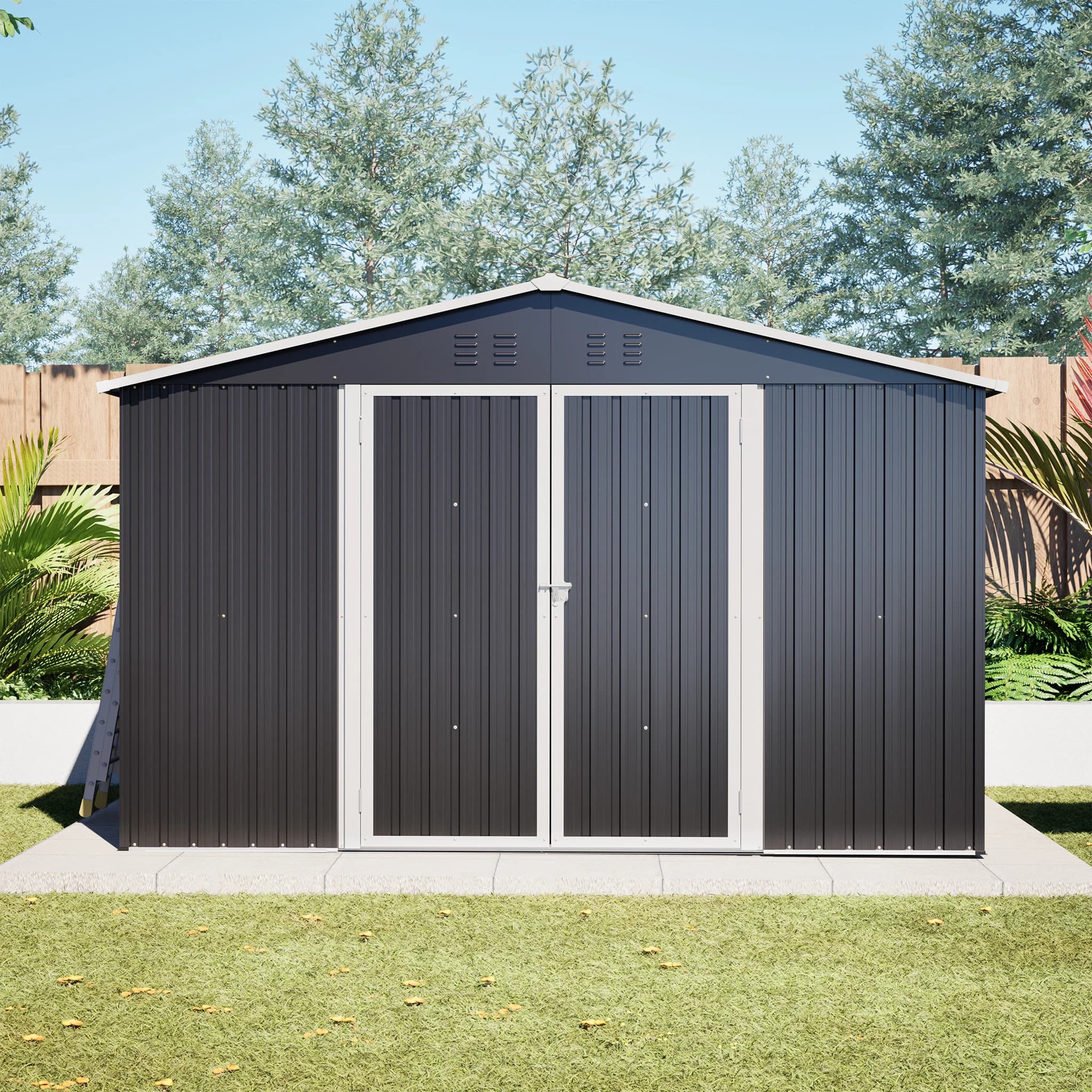 10*8FT Gable Roof Metal Tool Shed, Black Large Garden House Warehouse for Outdoor Tools Storage