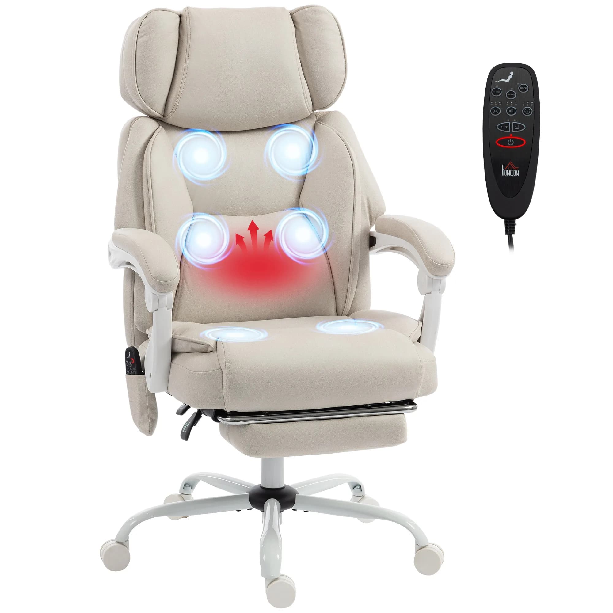 High-Back Office Chair with Vibration Massage and Heating, Ergonomic, Reclining, with Footrest, Cream White