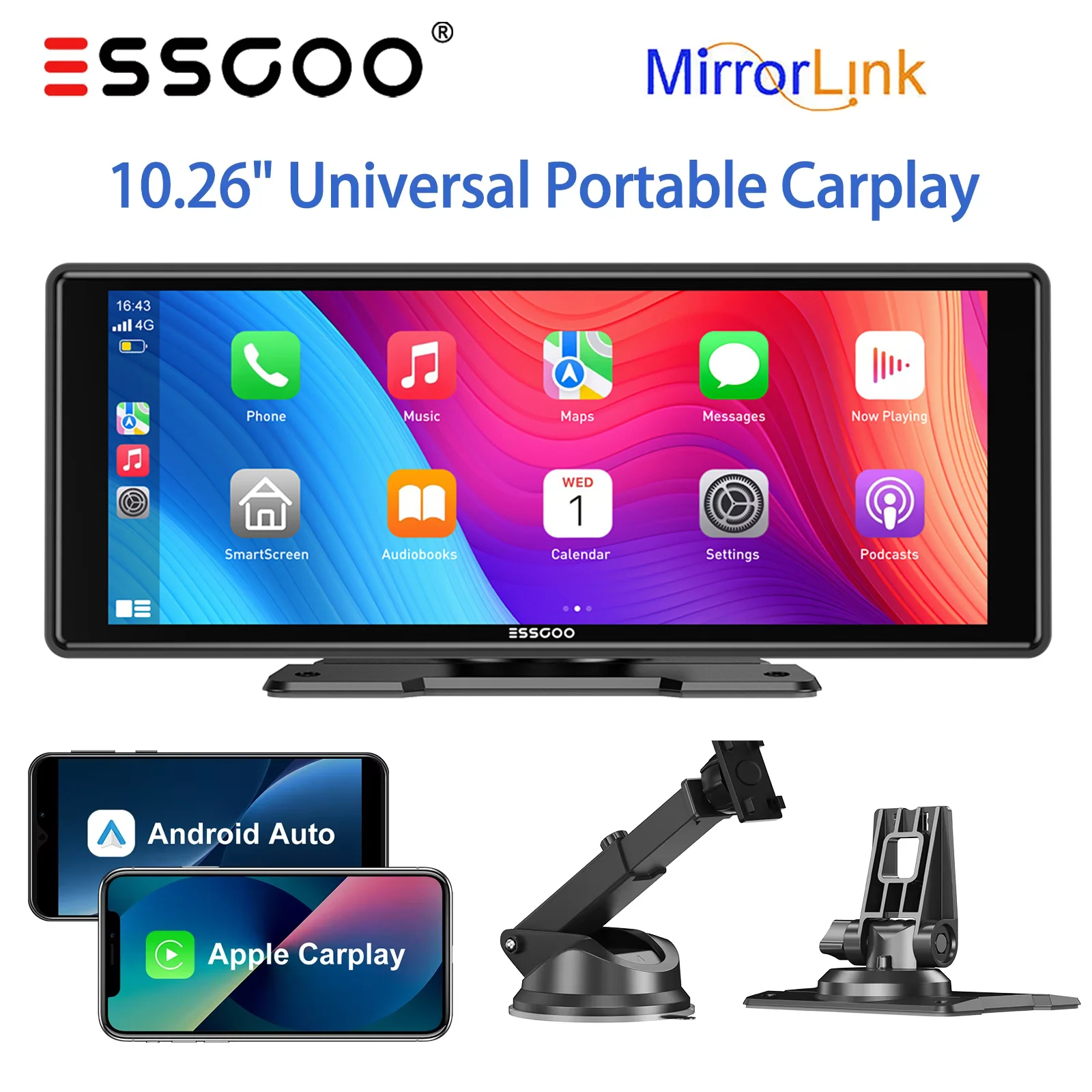 ESSGOO 10.26" Universal Portable Dash Cam Wireless CarPlay Android Auto 1600*600 HD Display GPS Nav Mirror Link FM USB BT AUX TF