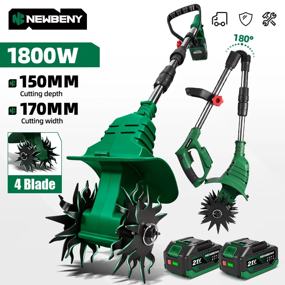 NEWBENY 1800W 170MM Electric Tiller Cultivator Cordless Portable Grass Trimmer Garden Soil Turning Tool for Makita Battery Pin