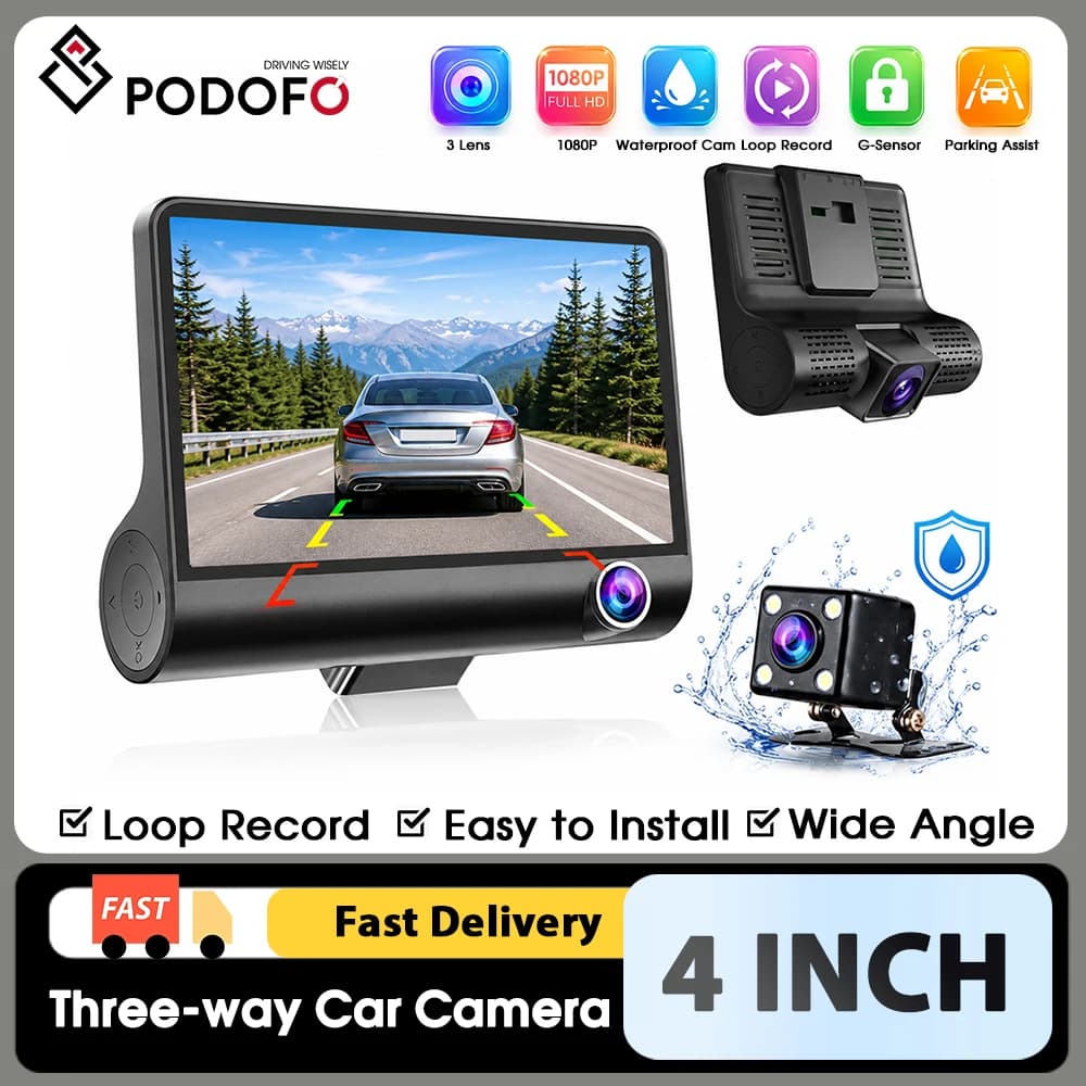Podofo 4 Inch Three‑Way Car Dash Cam FullHD 1080P Video Registrator 170 Degree Wide Angle Car Video Recorder With G‑Sensor Loop Recording Vehicle Dashcam