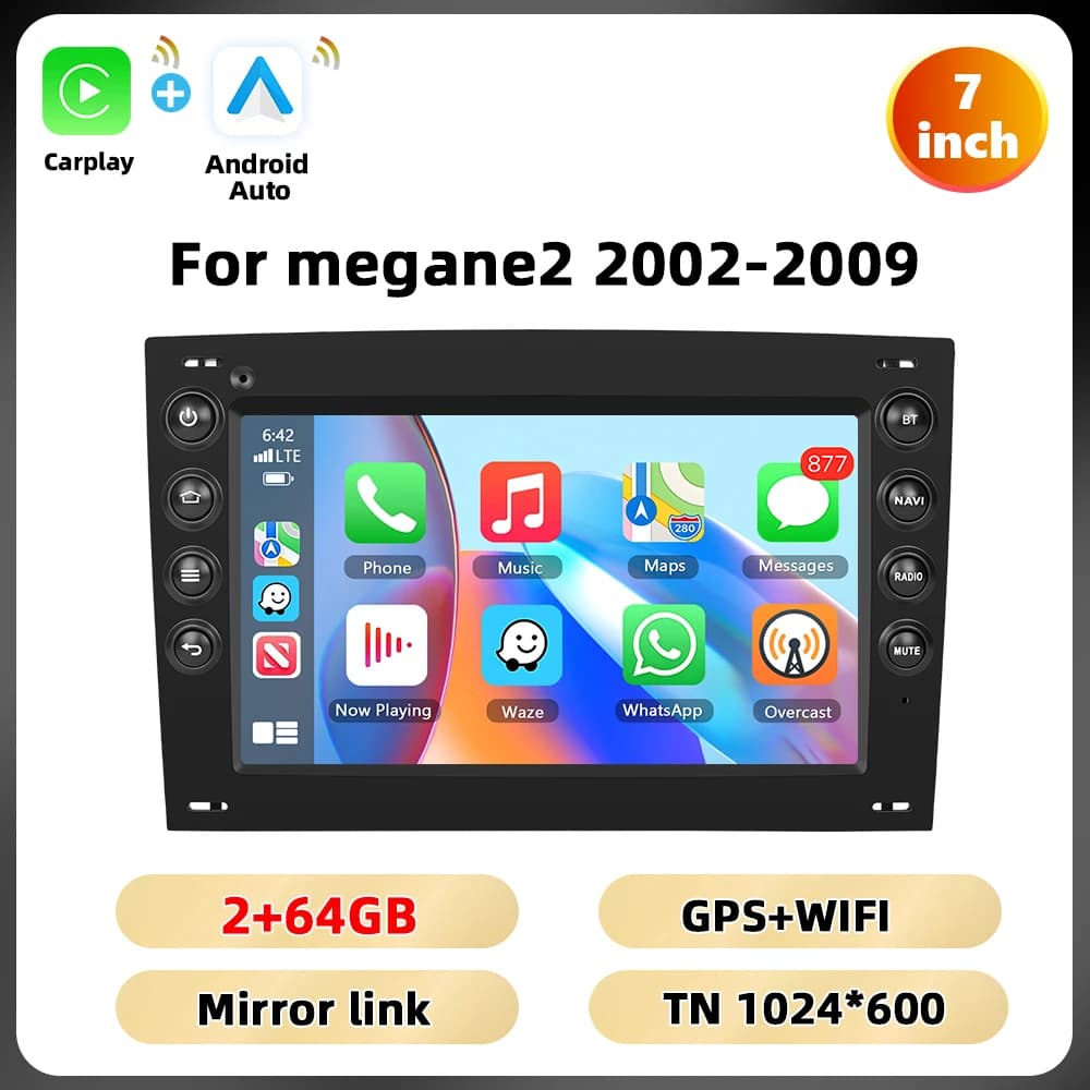Podofo 7'' 2+64G Car Radio For Renault Megane2 2002-2009 Multimedia Player Bluetooth GPS Carplay Android Auto RDS USB Car Stereo