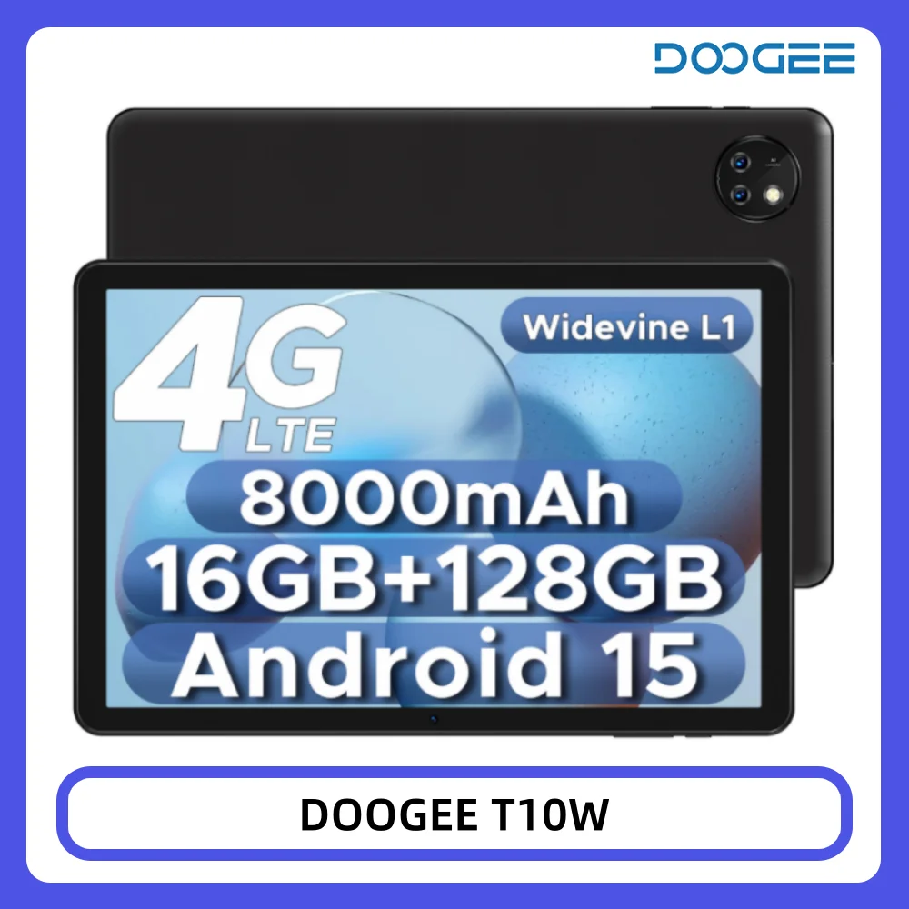 DOOGEE T10W Tablet 10.1" HD Display Android 15 16GB RAM 128GB ROM 8000mAh Large Battery 4GLTE Unisoc T310 Pad PC