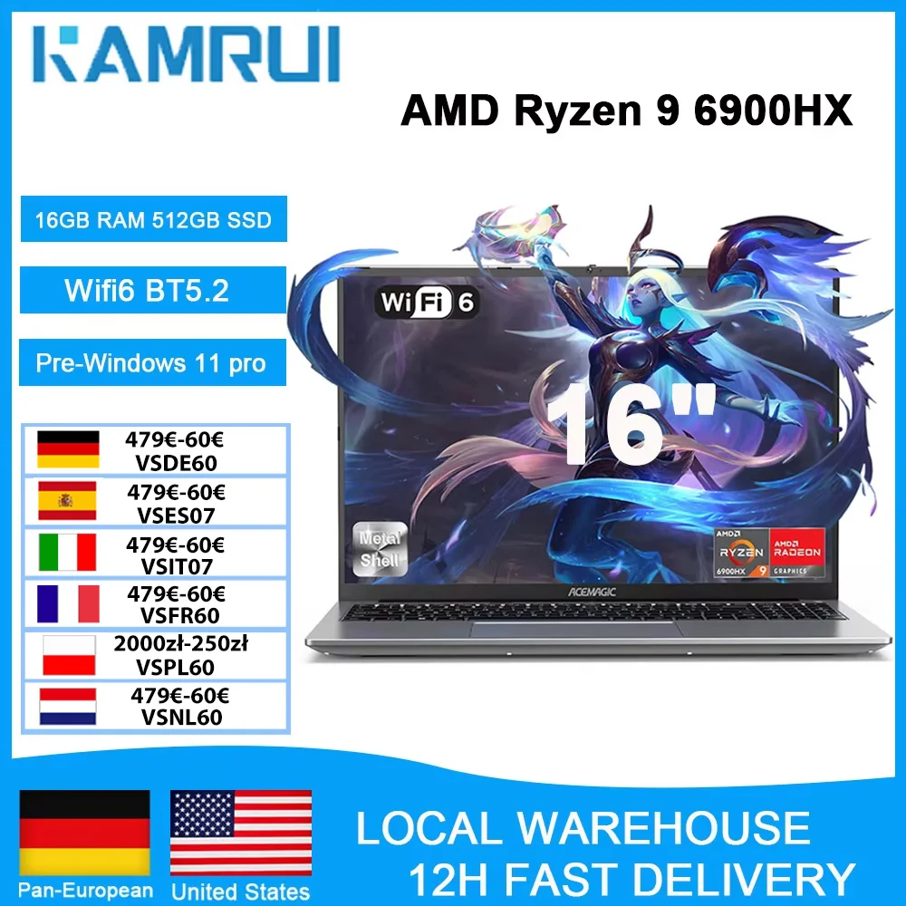 KAMRUI 16“ Gaming Laptop Ryzen9 6900HX 16GB 512GB PCIe3.0 SSD 8-Core Radeon 680M WiFi6 Windows11 Pro Backlit Keyboard for Gaming