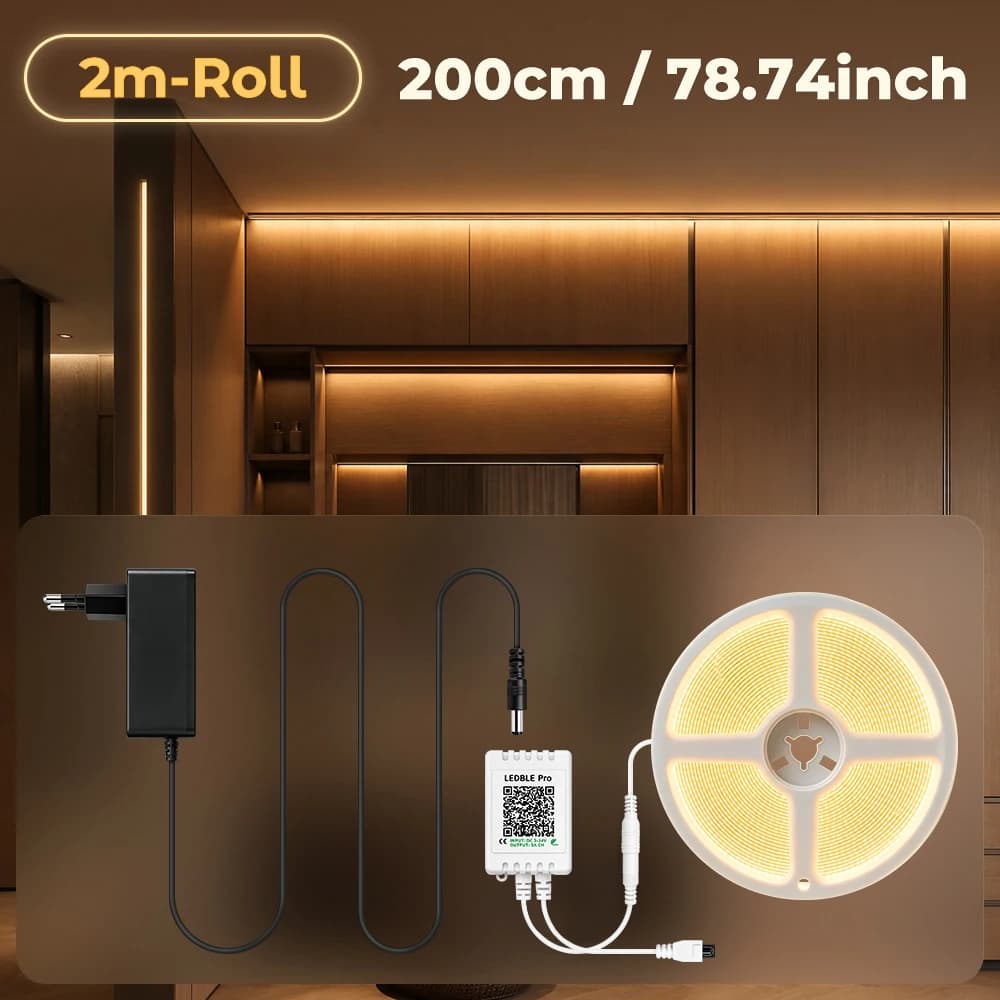 Smart Warm White LED Strip Lights APP & Remote Dual Control, Music Sync Dimmable Cuttable Uniform Glow Ambient Tape Light for Bedroom Closet Cabinet Indoor Home Decor