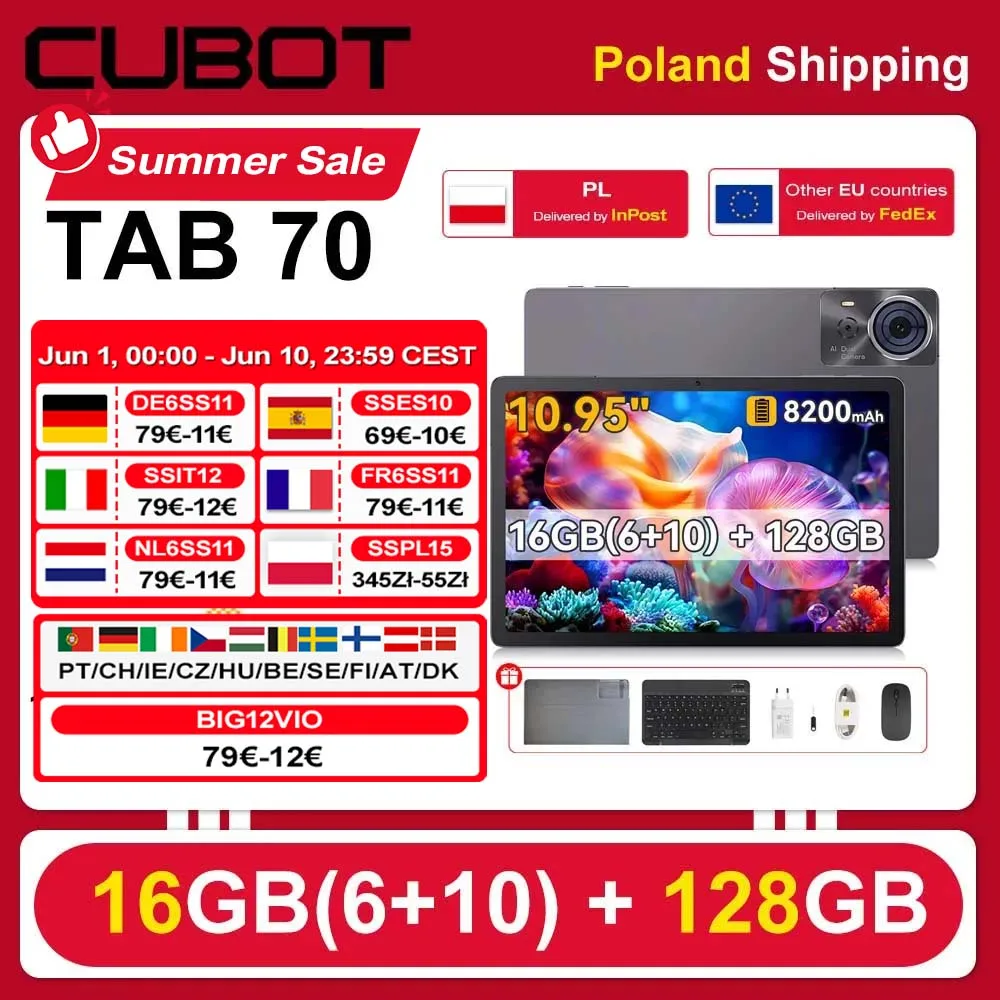 [Shipping from Poland] Cubot Tab 70 Tablet 16Gb(6+10) Ram 128Gb Rom 8200Mah 10.95" Hd+ Screen Android 14 Octa-Core Face Id Pad