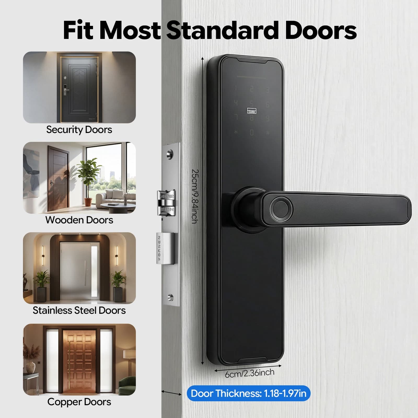Black Smart Door Lock, 5 Unlocking Methods (Fingerprint/Password/Card/Key/Temporary), 50 Fingerprint & 100 Password Capacity, Aluminum Alloy, TUYA APP WiFi Remote Control, USB Emergency Charging