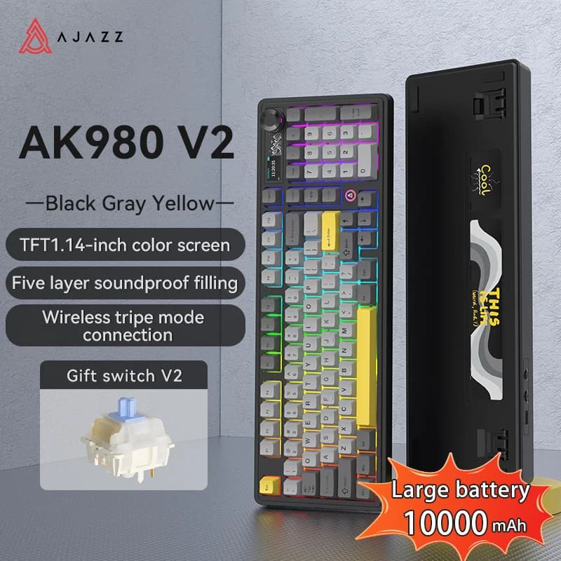 AJAZZ AK980 V2 Wireless Bluetooth 2.4G Wired Tri-Mode Keyboard Black Grey Yellow TFT Color Screen RGB Mechanical Gaming Keyboard
