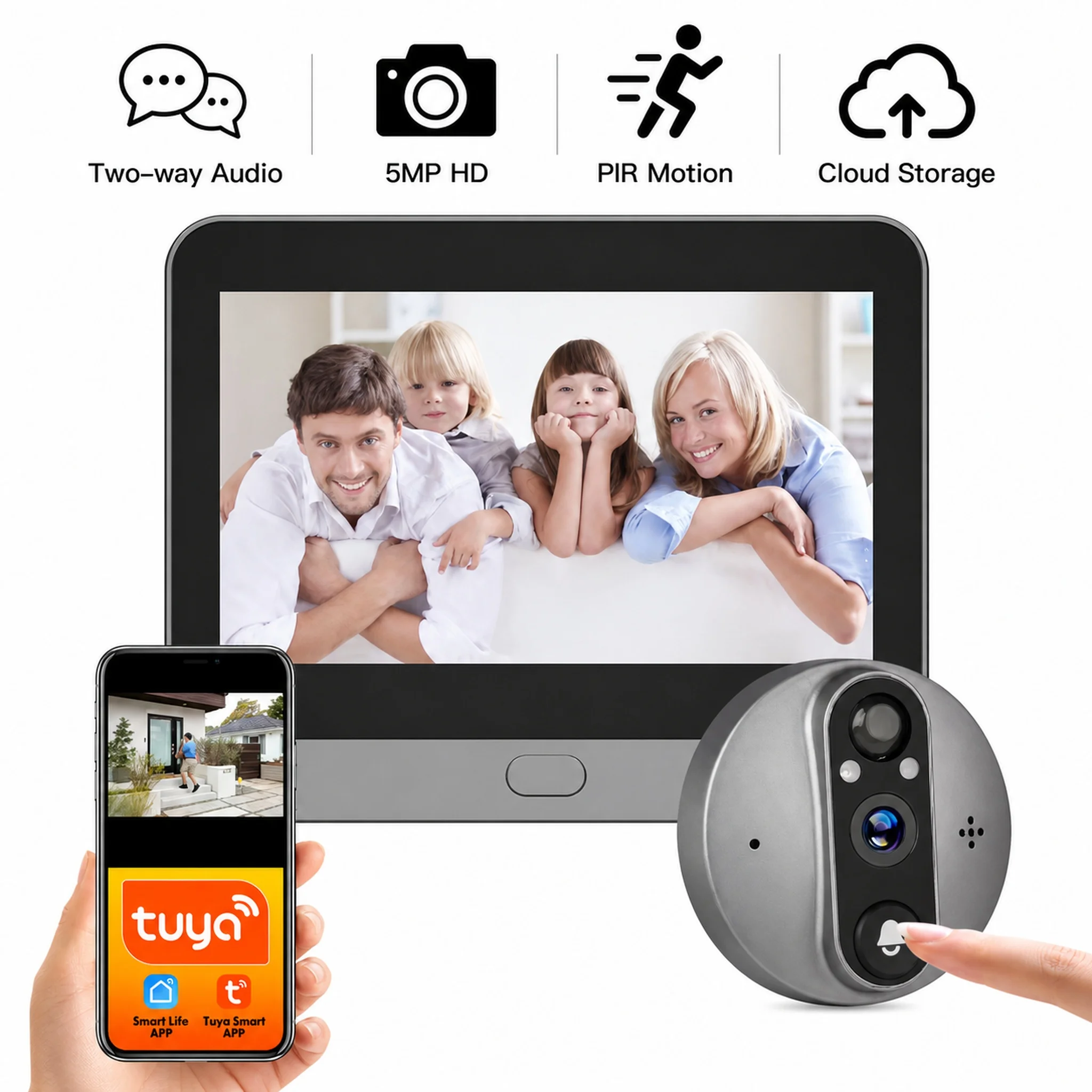 4.3'' IPS Screen Smart life/Tuya APP 2.4G 5MP HD Wireless wifi Video Intercom Doorbell eye PIR High-definition Visual Monitoring two way audio