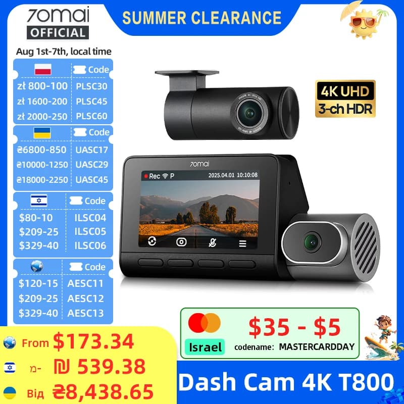 70mai Dash Cam 4K T800 with 4G Module UP04 Supercapacitor 3-Channel HDR Wifi 6 GPS Remote Control Real-time Alert 70mai T800