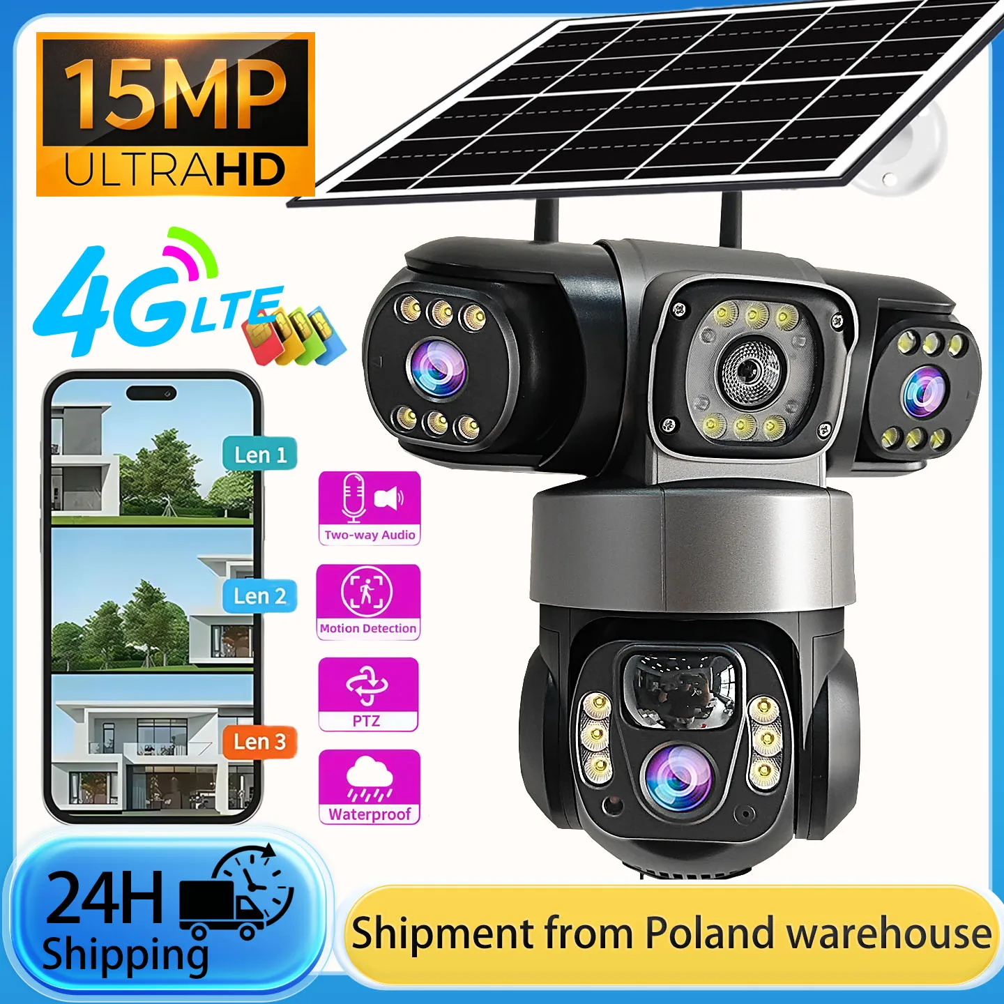 V380 15MP 8K Three Lens PTZ IP Camera Outdoor IP66 Waterproof HD Three Screen 4G SIM Camera Solar Camera PIR Auto Tracking Built-in Battery Camera, PIR Human Detection, Alarm Notification, Mobile Phone Application Connection, Email Alert, Video Playback