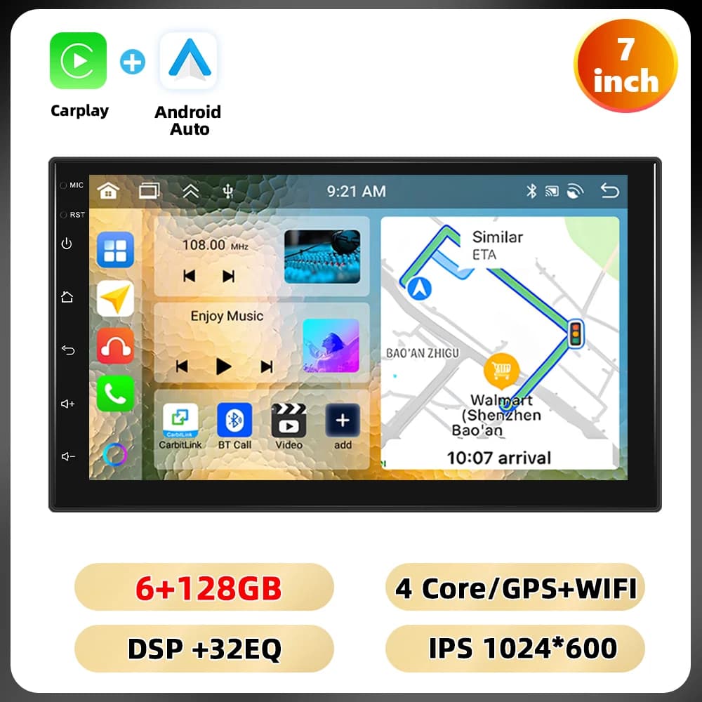 Podofo 7 ''/9''/10.1 ''Car Radio 6 + 128G 4Core Multimedia Player WIFI GPS Navigation Carplay Android Car DSP EQ FM/RDS Car Stereo