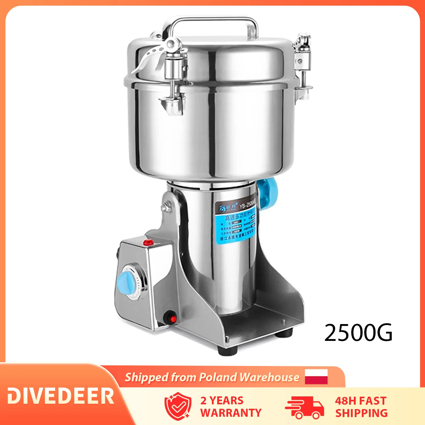 DIVEDEER 2500G Electric Grain Grinder Mill for Spices Cereals Coffee Dry Food Grinding Machine Flour Powder Crusher Gristmill