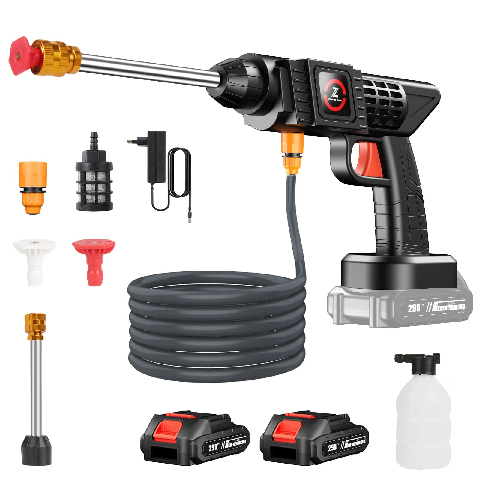 21V 200W Cordless High Pressure Washer Gun 0°/40° Multi Nozzles 70BAR Peak Portable Rechargeable Power Cleaner with Foam Bottle Self-Priming for Car Patio Garden Pet Cleaning