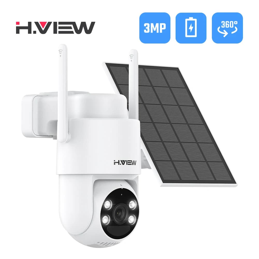 H.VIEW PIR Battery Powered Camera Wireless Outdoor,2K 3MP PTZ WiFi Camera with Solar Panel, 2-Way Audio, Waterproof