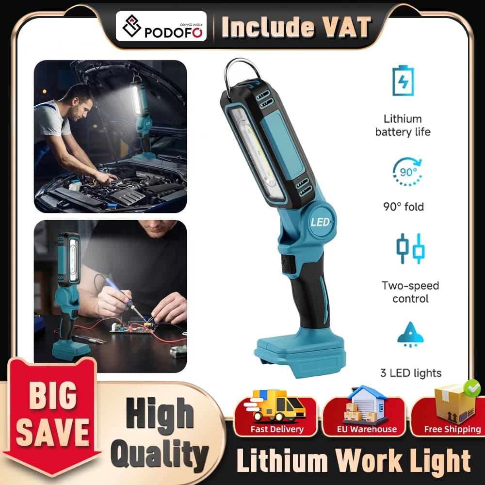 Podofo LED Flashlight Portable Work Light with 90° Pivoting Head Brightness Adjustable Light Camping Light For Makita Battery