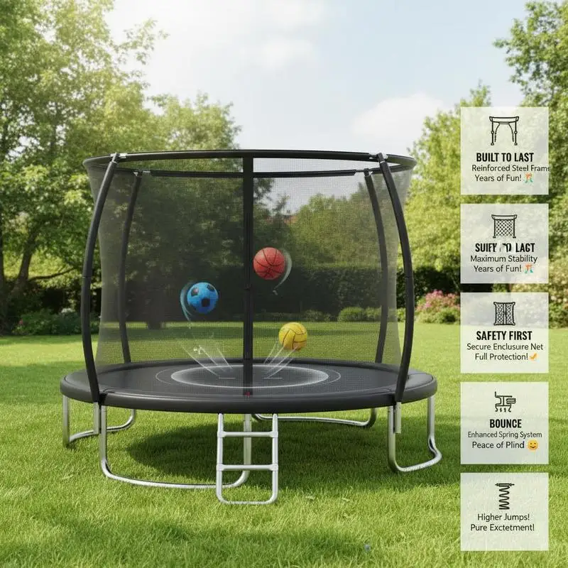 Garden Trampoline, Heavy Duty Steel Structure for Garden & Backyard Play 12FT Outdoor Trampoline Heavy-Duty Recreational Trampoline with Safety Enclosure Net-Black
