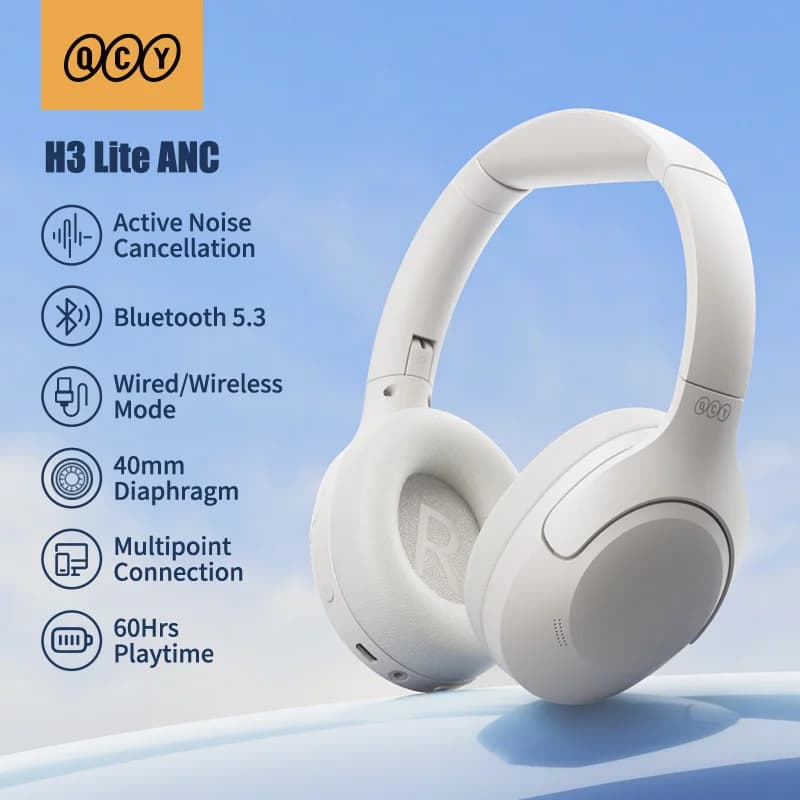 QCY H3 Lite ANC Wireless Headphones Bluetooth 5.3 Active Noise Cancelling Over Ear Headset 40mm Driver HiFi Sound Earphones