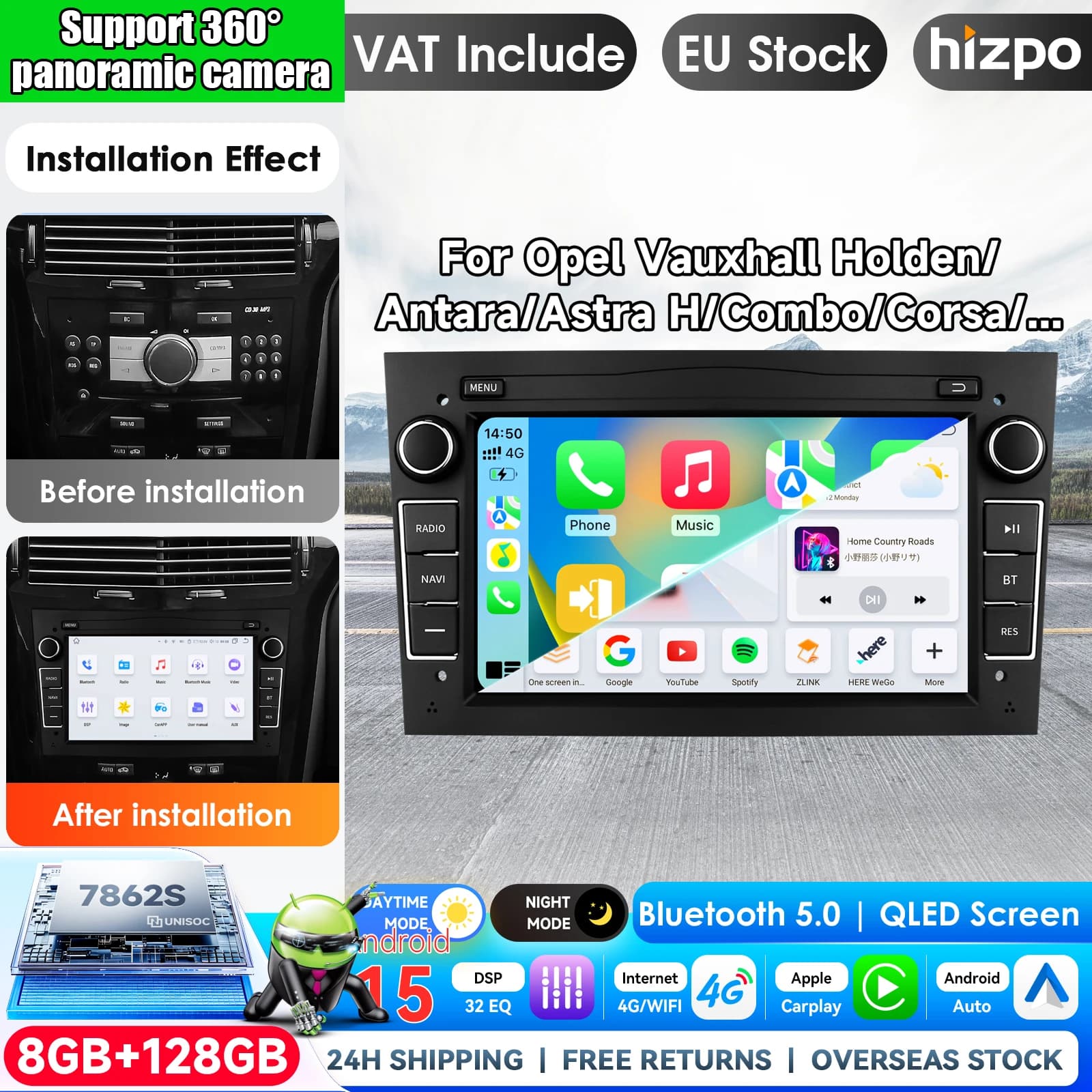 Hizpo 7inch Wireless CarPlay Android Auto Car Radio for Opel Astra H J 2004 Vectra Vauxhall Antara Zafira Corsa C D Vivaro Meriva Veda Multimedia Wireless Apple CarPlay Smart Intelligent Systems IPS Touch Screen Stereo Video Player 2Din Autoradio HeadUnit
