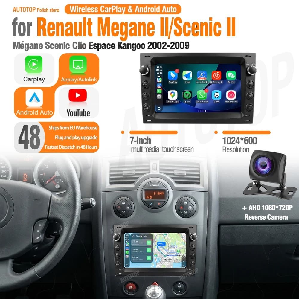 AUTOTOP 7 inch YouTube CarPlay Radio Stereo For RENAULT, MEGANE SCENIC II 2003-2009,Linux system Car multimedia Player Screen with DSP Audio RDS,Wireless Android Auto Online Navigation music Siri Google Assistant,Support OEM Factory Style & Rear Cam