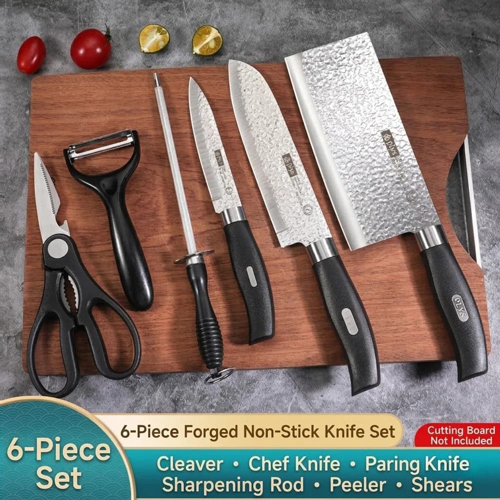 6-Piece Kitchen Knife Set Forged Stainless Steel Chef Knife with Meat Cleaver Peeler Knife Sharpening Rod and Kitchen Shears Professional Non-Stick Ultra Sharp Cooking Knives Set for Home Kitchen