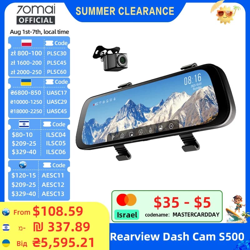 70mai Rearview Dash Cam S500 9.35'' Touch Screen 70mai S500 Car DVR 3K Super Capacitor Dual-Channel HDR Voice Control 24H Park