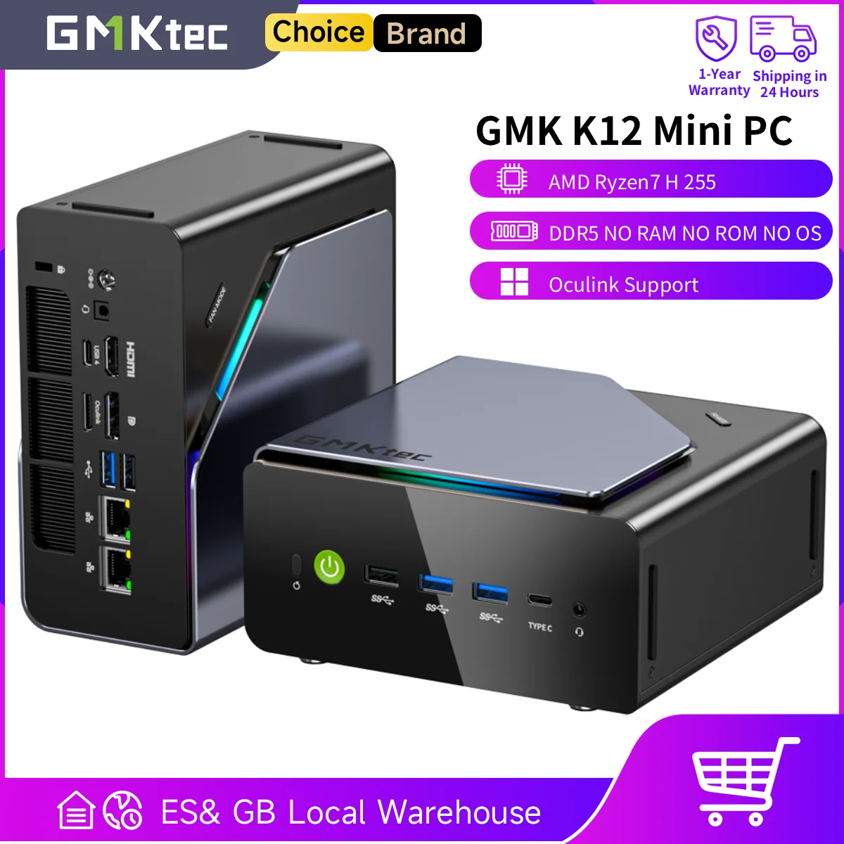 GMKtec K12 Mini PC AMD Ryzen7 H 255 (Upgraded 8745HS) Oculink Support DDR5 NO RAM NO ROM NO OS Desktop Computer Gaming PC WIFI6E