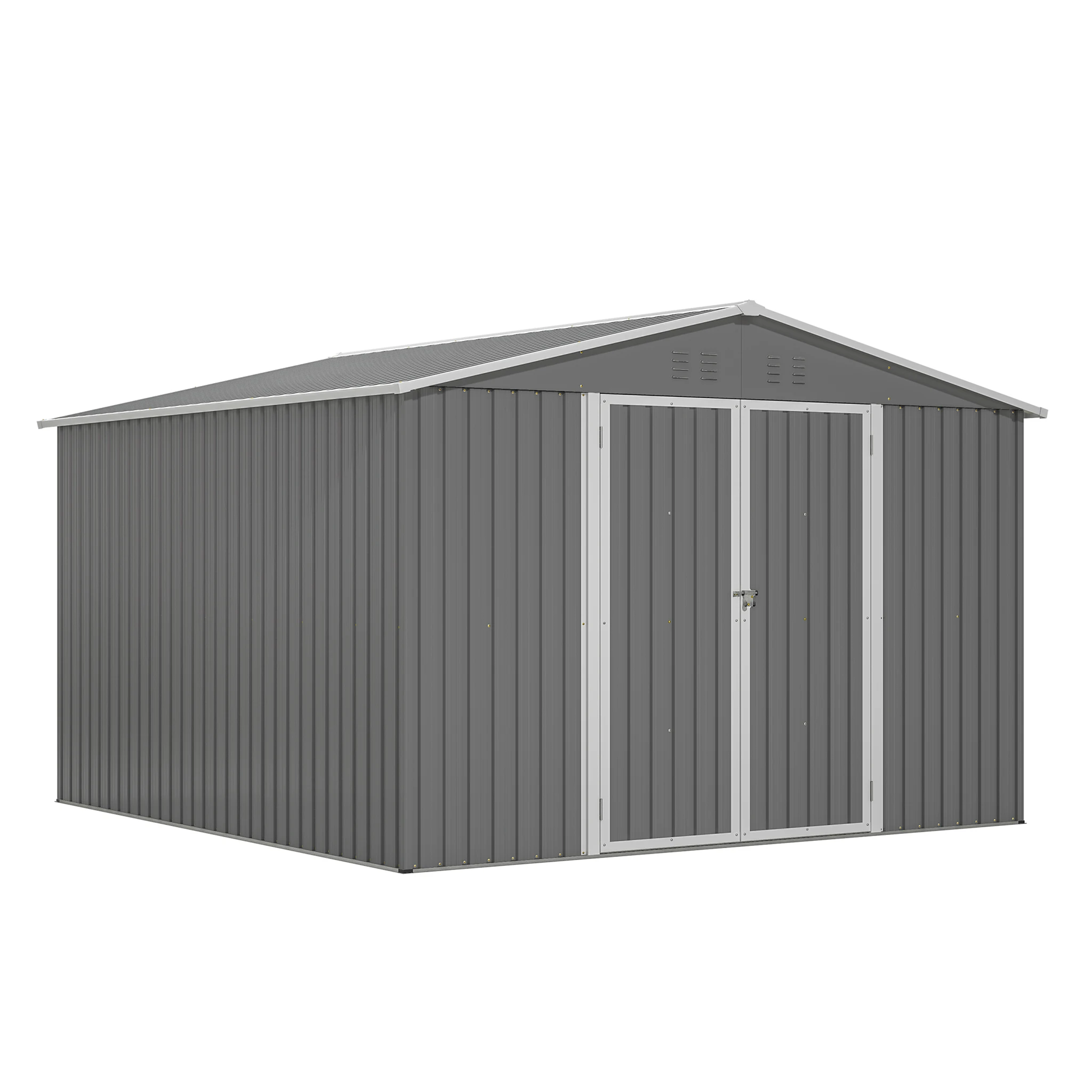10x10 FT Metal Storage Shed Heavy Duty Steel Garden Shed with Floor Frame Lockable Doors Weatherproof Outdoor Backyard Patio Lawn Grey