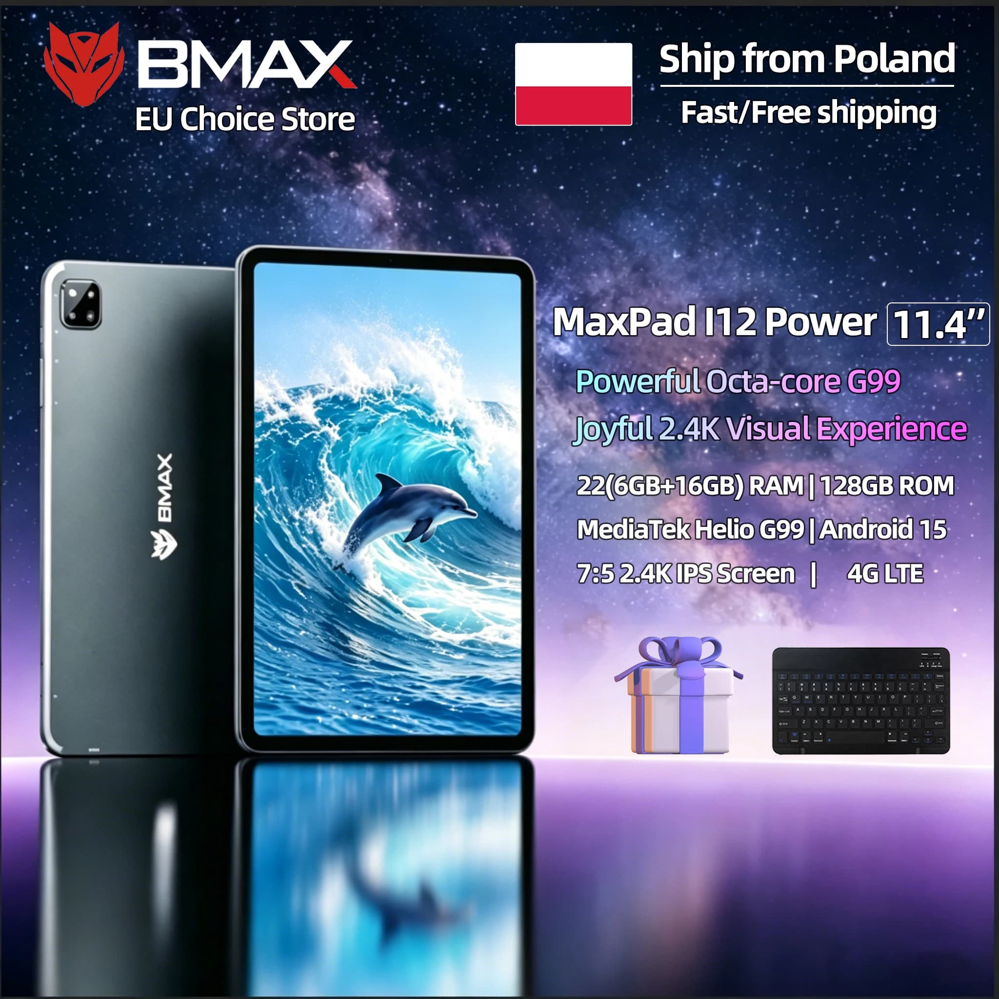 BMAX I12 Power Tablet 11.4" 2.4K IPS 90Hz Display MediaTek Helio G99 8-core 24(8GB+16GB) RAM 256GB ROM 8000mAh Type-C Android 15 Tablets 4G LTE GPS WiFi Support Dual SIM