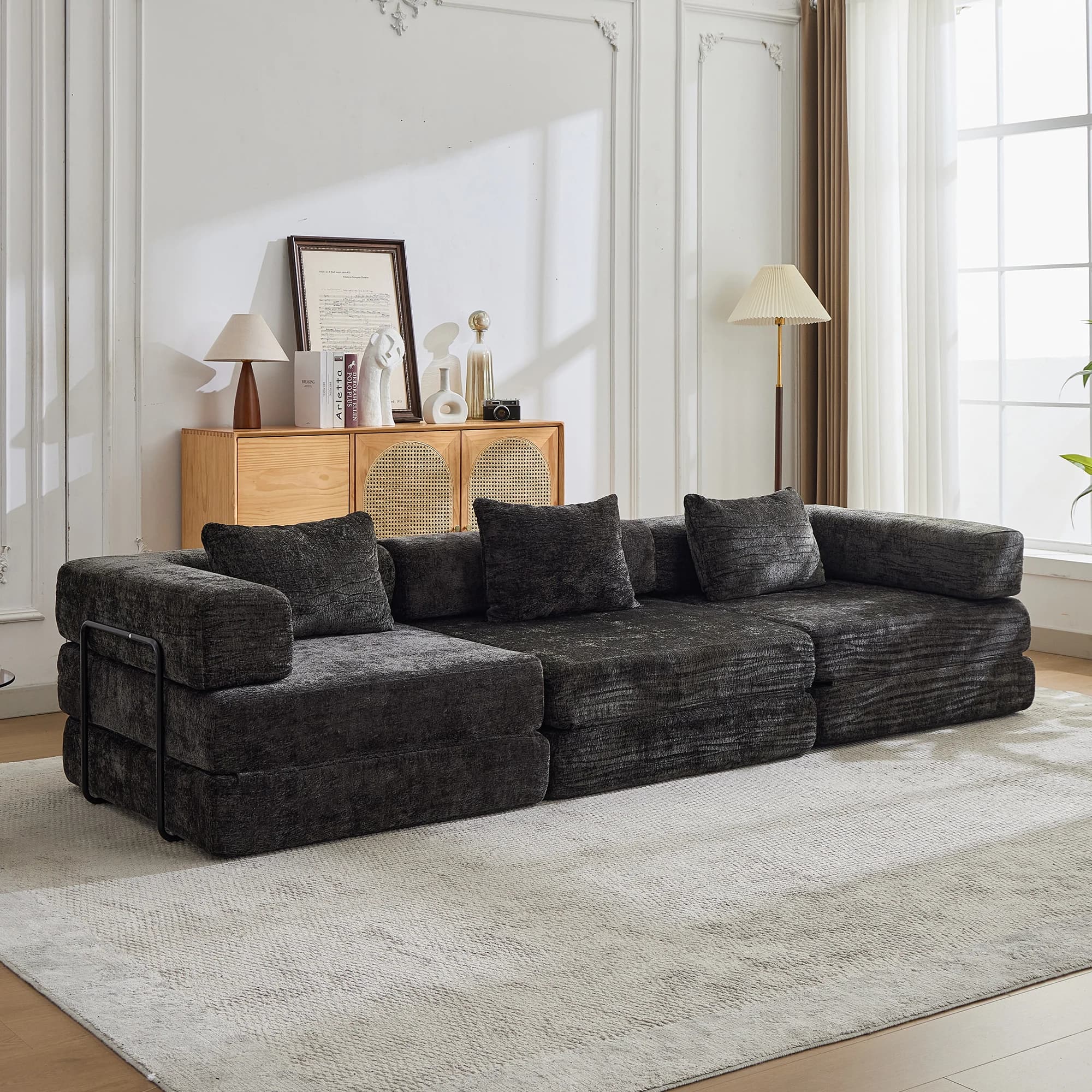 Green Chenille Modular Convertible Sofa Bed, 3-Seater Free Combination Sectional Couch with Pocket Spring Memory Foam, Pet Friendly Fabric Sofa,No Assembly Vacuum Compressed Sofa for Living Room Apartment