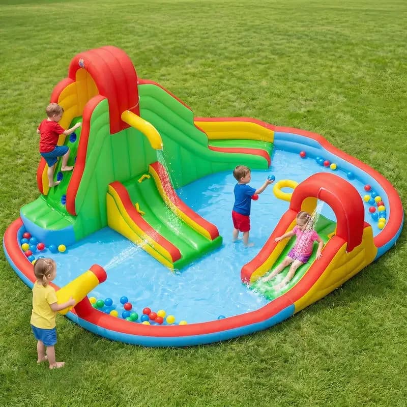 Inflatable bouncy castle water park for children with 2 water slides, paddling pool, climbing wall & basketball hoop