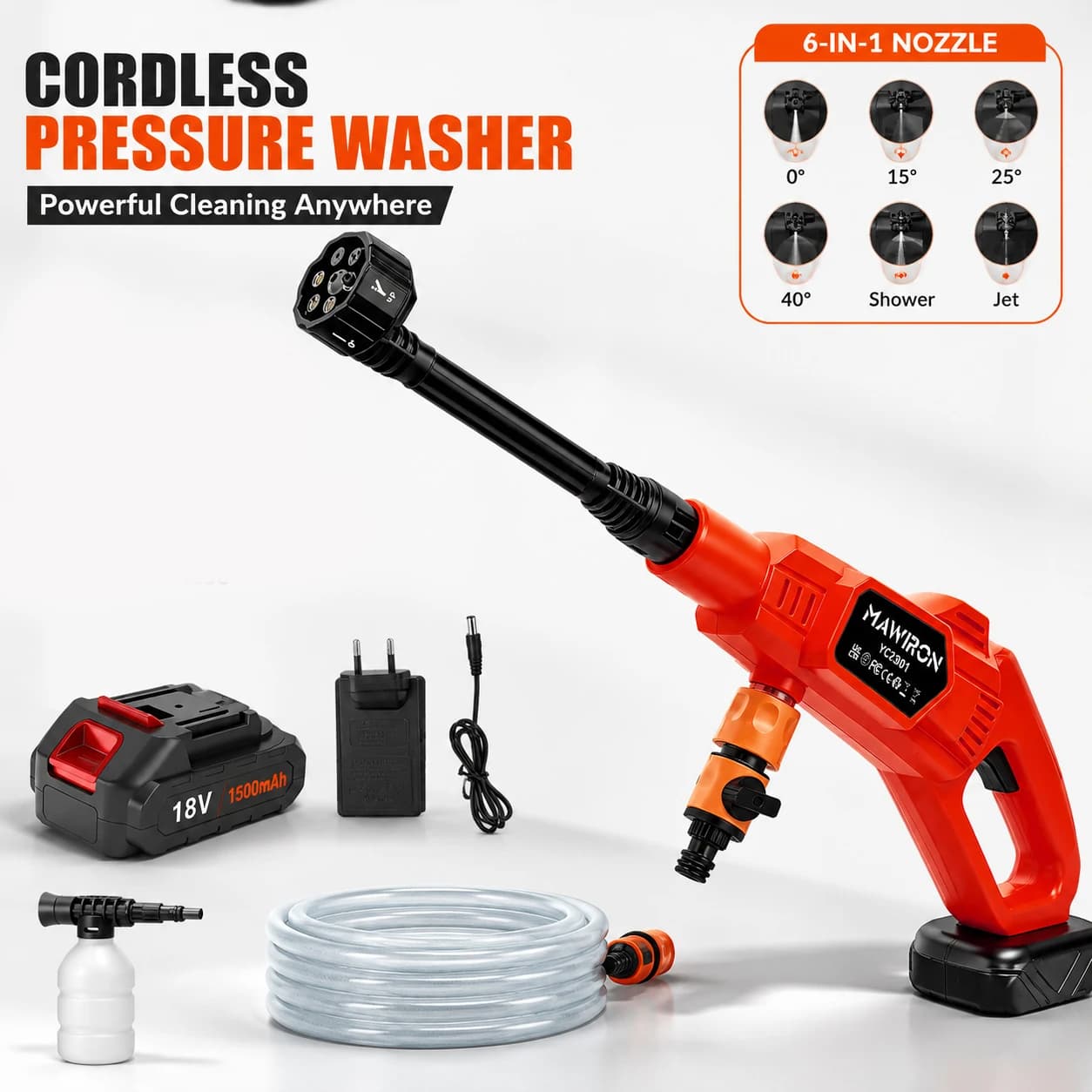 18V Cordless Pressure Washer 45Bar Portable High Pressure Cleaner with 6-in-1 Nozzle 5M Hose Battery Powered Car Washer Water Gun for Car Garden Patio Cleaning