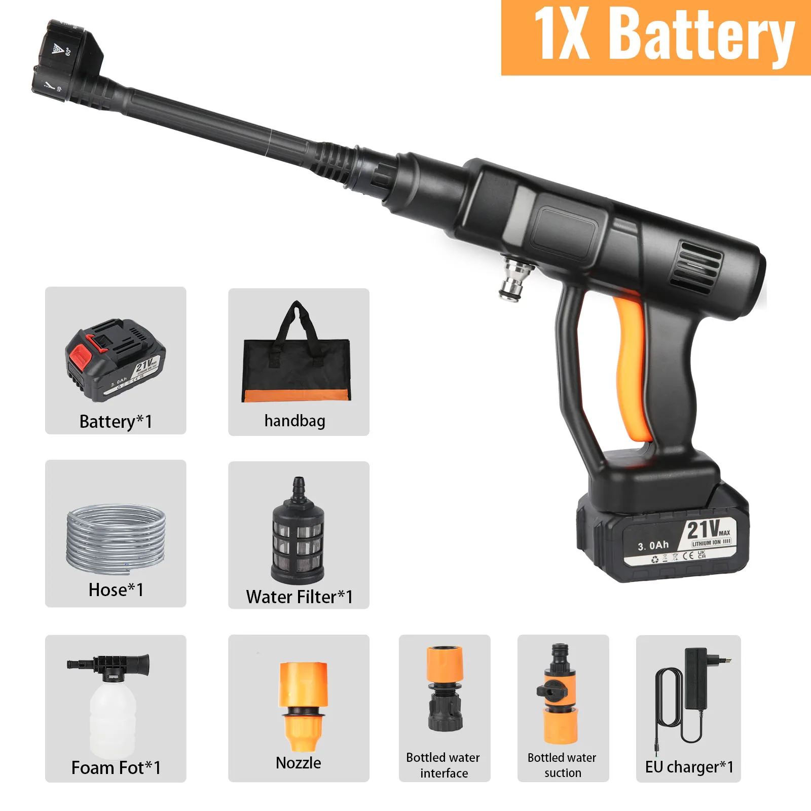 21V Cordless Power Washer Gun Portable Pressure Cleaner Spray Water Gun with 1/2Pcs Batteries & 5M Hose Jet Wash for Car Garden