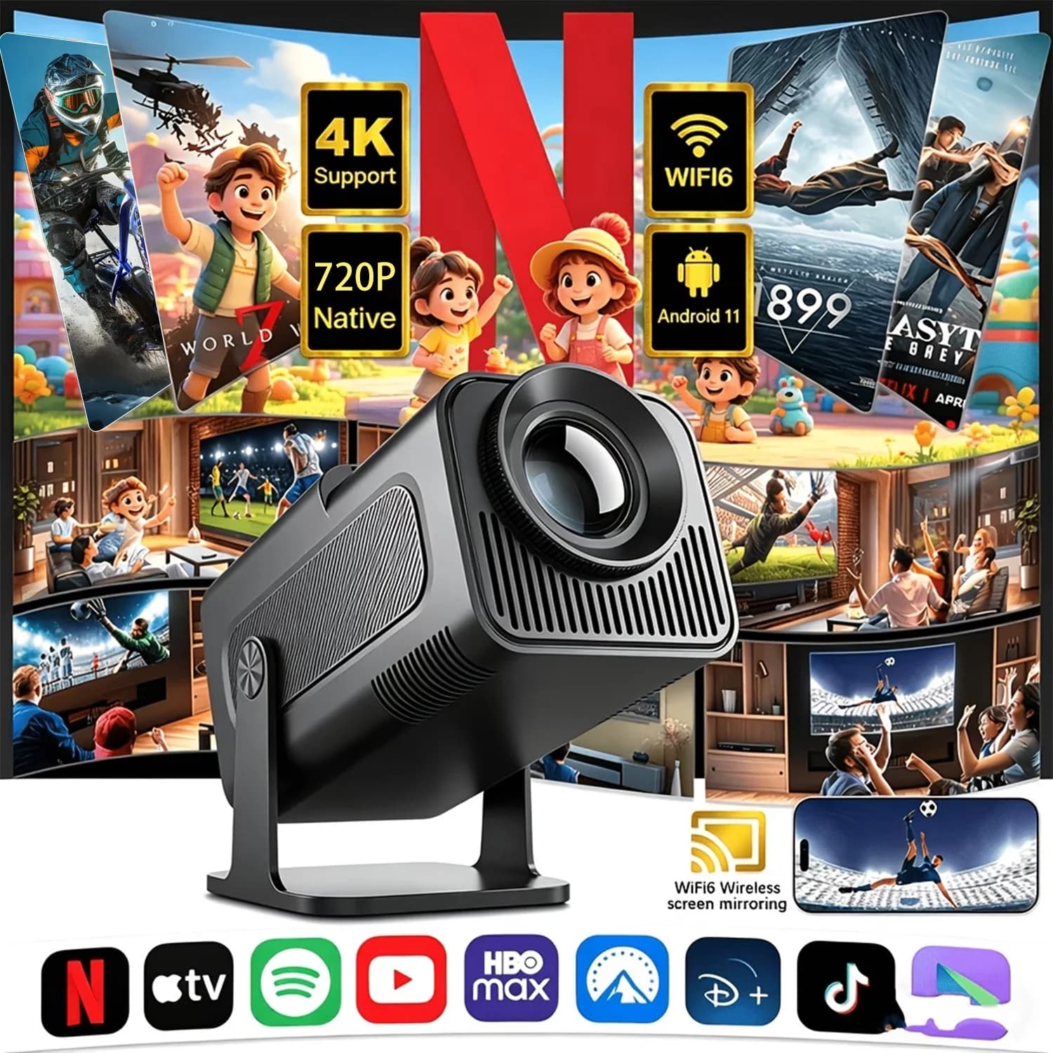 HD Projector | Built-in Android System + Dual-Band WiFi, Native 720P & 4K Decoding, Bright Clear Image, 180° Adjustable Portable Design, Full Device Compatibility, Perfect for Home Theater, Camping, Office Use & Gaming.
