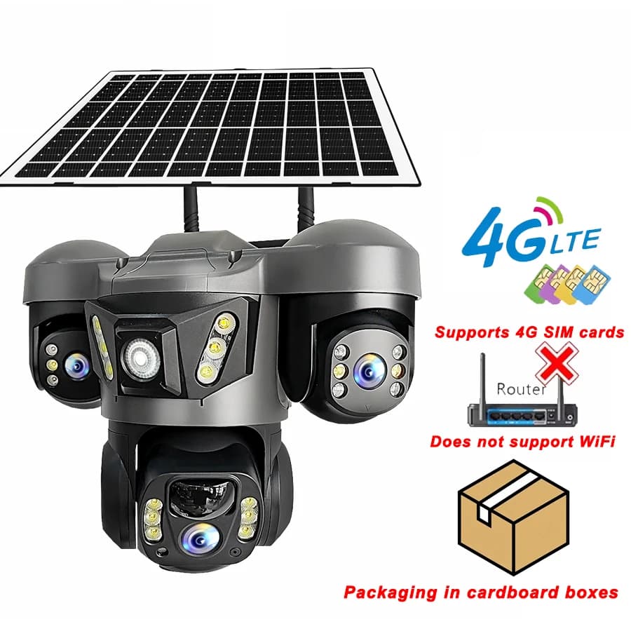 V380 4G SIM Solar Security Camera 3 Lens Low Power Consumption Outdoor IP66 Waterproof PIR Motion Detection Night Vision Home CCTV, Mobile Phone Application Connection, Motion Detection, Email Alert, Video Playback, Remote View, Supports Two-Way