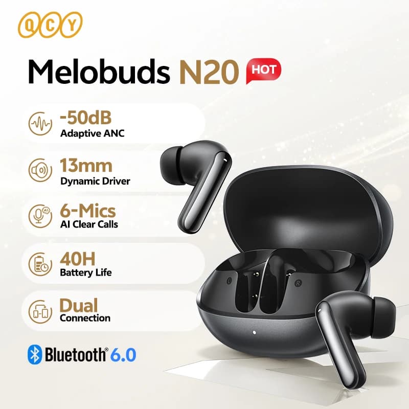 QCY Melobuds N20 BH25HT20A Wireless Bluetooth 6.0 Earphone -50dB Adaptive ANC 13mm Drivers Headsets 6 Mics HD Calls Earbud 40Hrs