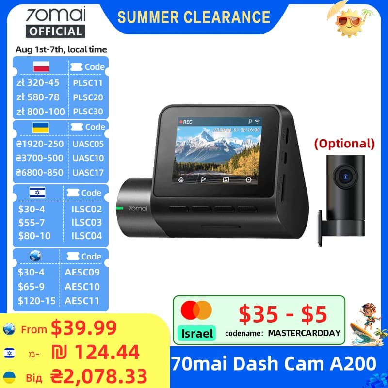 70mai Dash Cam A200 1080P 2'' IPS Screen Dual-channel Record 70mai Car DVR A200 24H Parking Monitor 130°FOV Night Vision