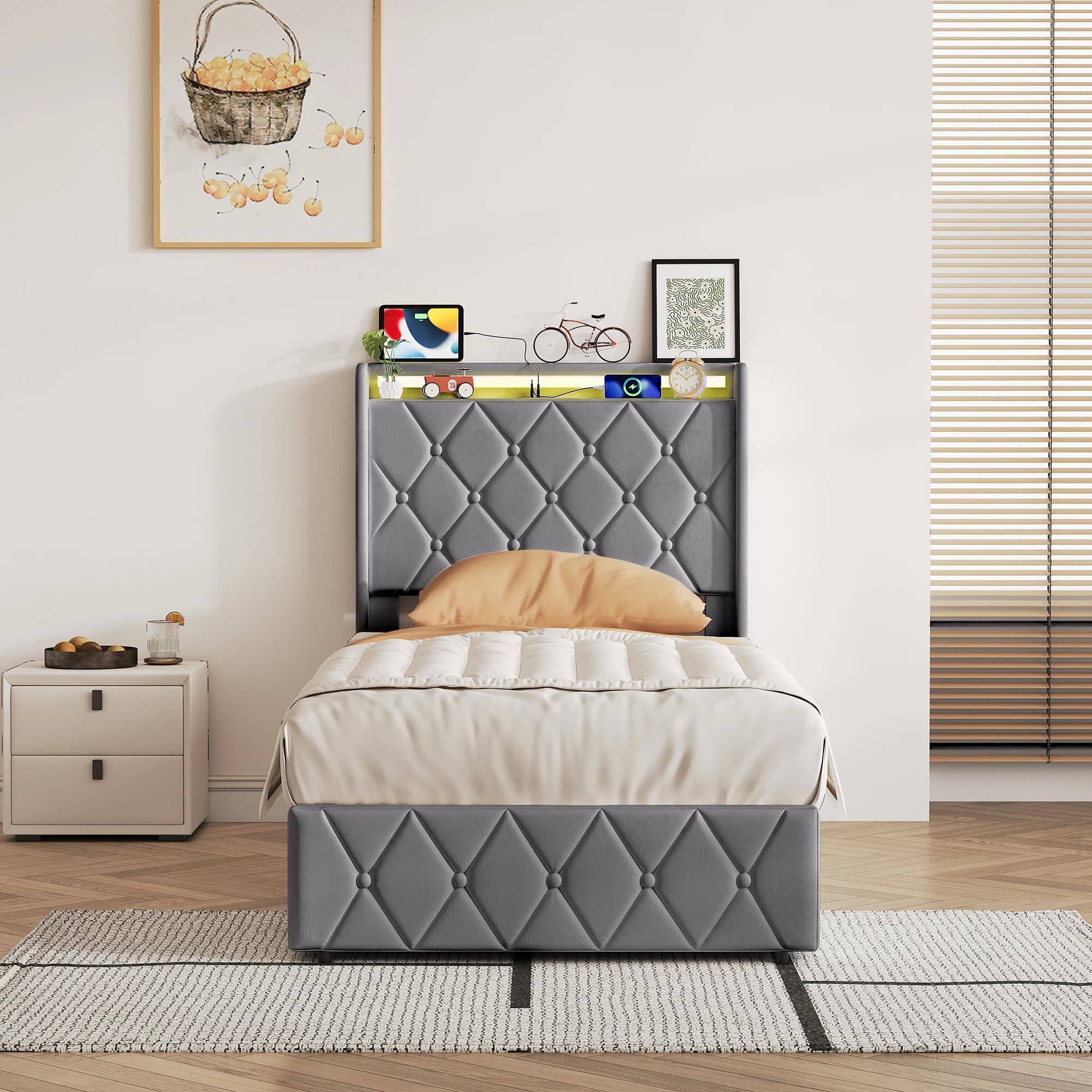 Fangange Upholstered Bed 90 x 200 /140 x 200 cm with LED & USB Charging Station，Single Bed with Velvet Padded Headboard ，Hydraulic Storage Space and Metal Frame，Double Bed，Velvet,Beige/Gray，No Mattress