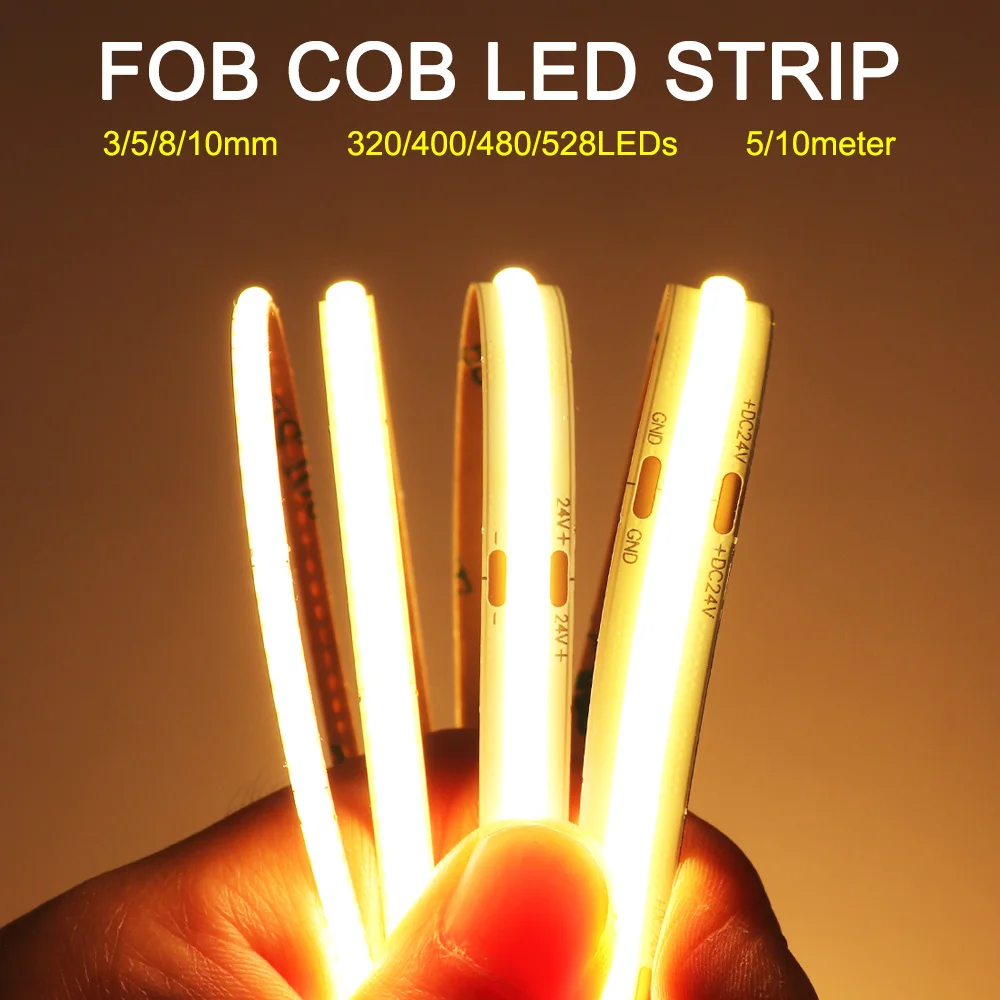 5M COB LED Strip Lights 12V 24V LED Ribbon Tape 3000K 4000K 6000K 16.4FT Lined Lighting Diode Tape for Room Decor