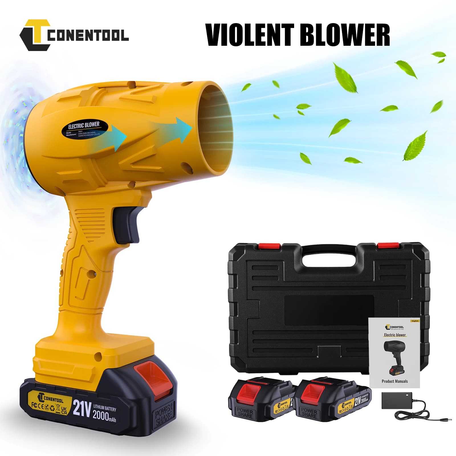 CONENTOOL Turbo Fan 200m/S Blowers Electric Handheld Jet Fan Snow Leaf Dust Blowing Tools 2 Batteries For Makita 18V Battery Pin